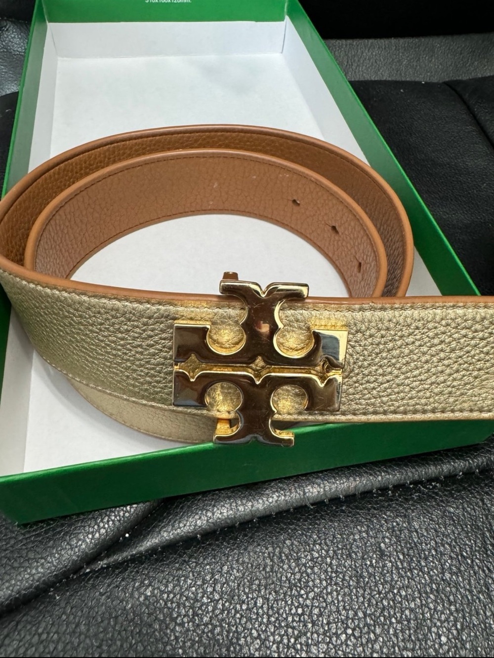 Tory Burch Metallic Gold Leather Belt with Signature Logo Buckle